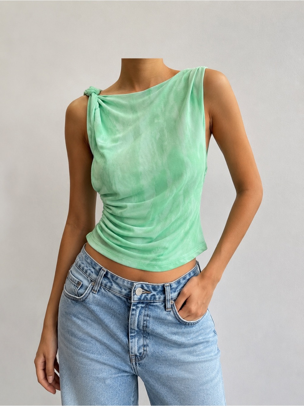 ZARA Mint Green One Shoulder Ruched Mesh Midi Dress Women’s Medium M